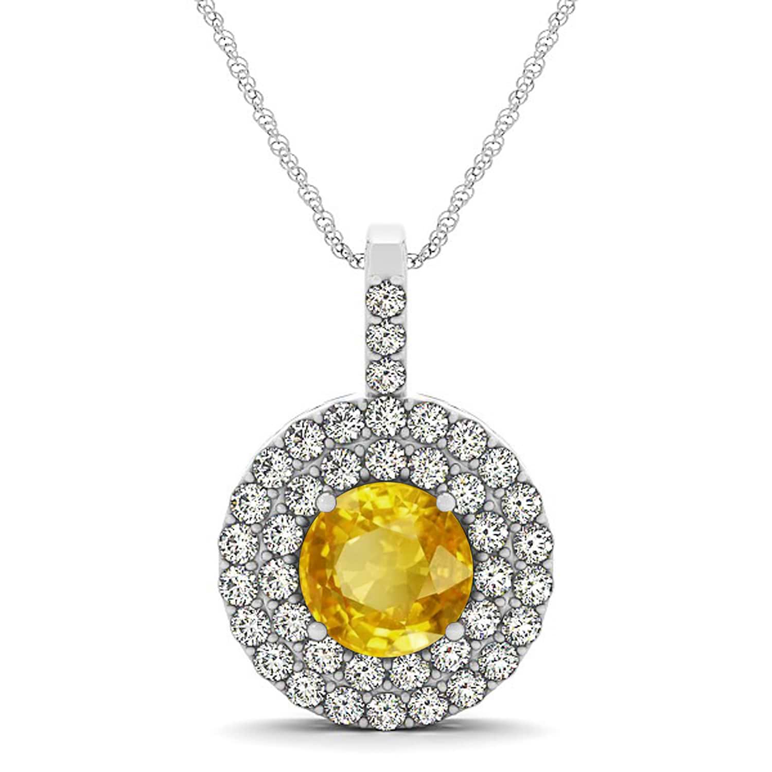 Yellow Sapphire & Diamond Drop Double Halo Pendant 14k White Gold (2.16ct)