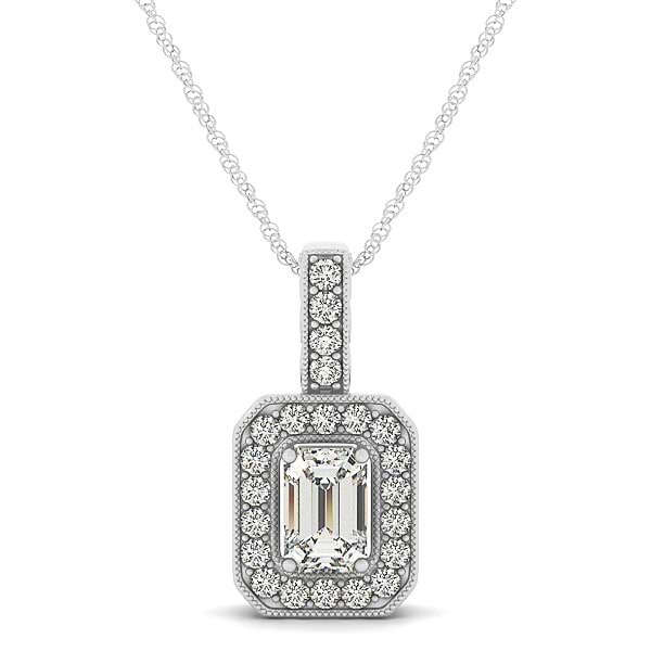 Emerald-Cut Diamond Drop Halo Pendant Necklace 14k White Gold (0.90ct)