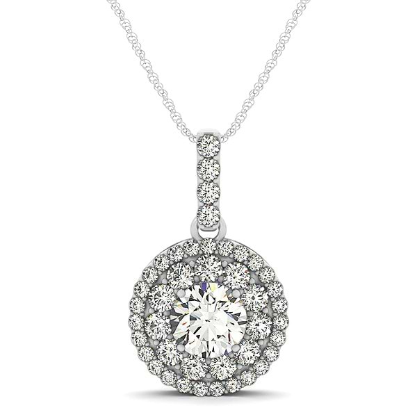 Round Cut Double Halo Diamond Pendant Necklace 14k White Gold (1.25ct)