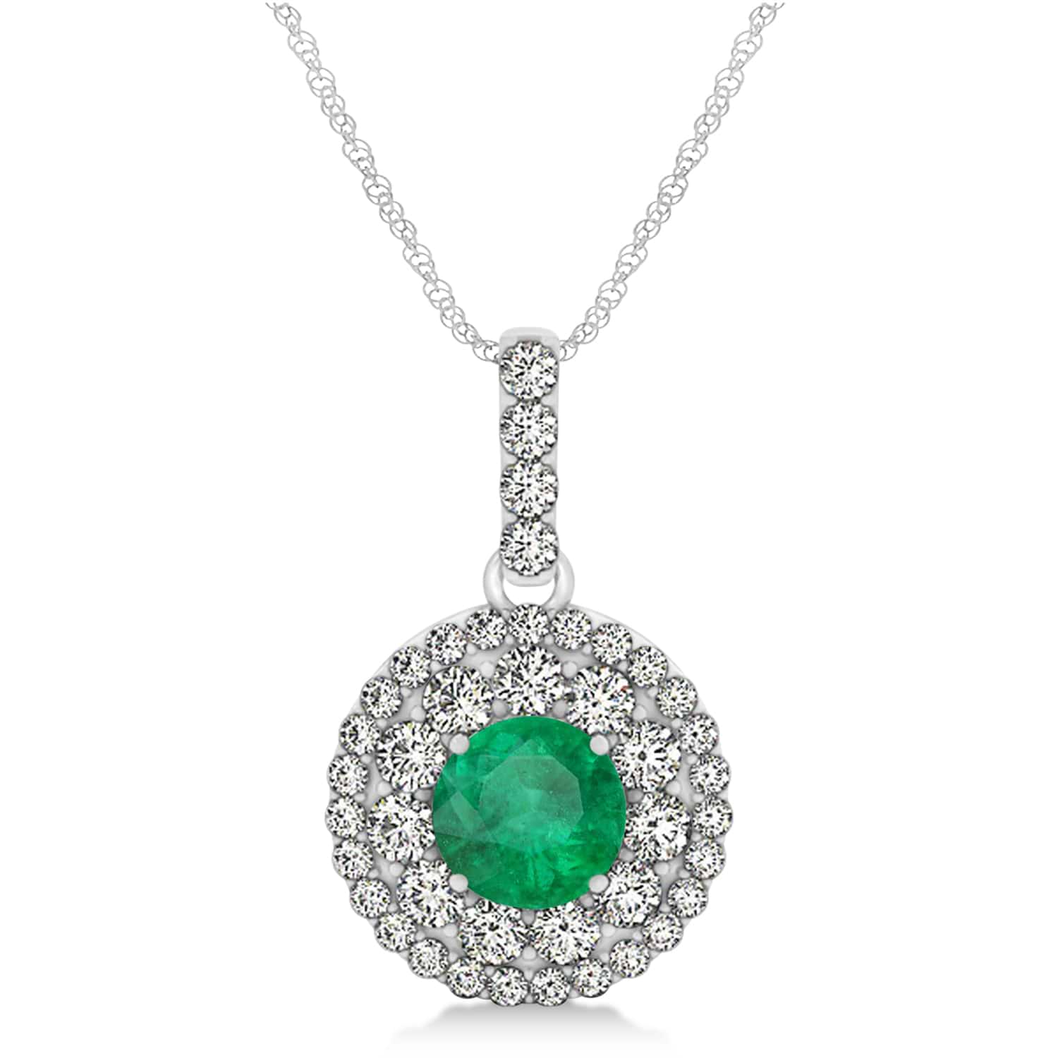 Round Double Halo Diamond & Emerald Pendant 14k White Gold 1.32ct