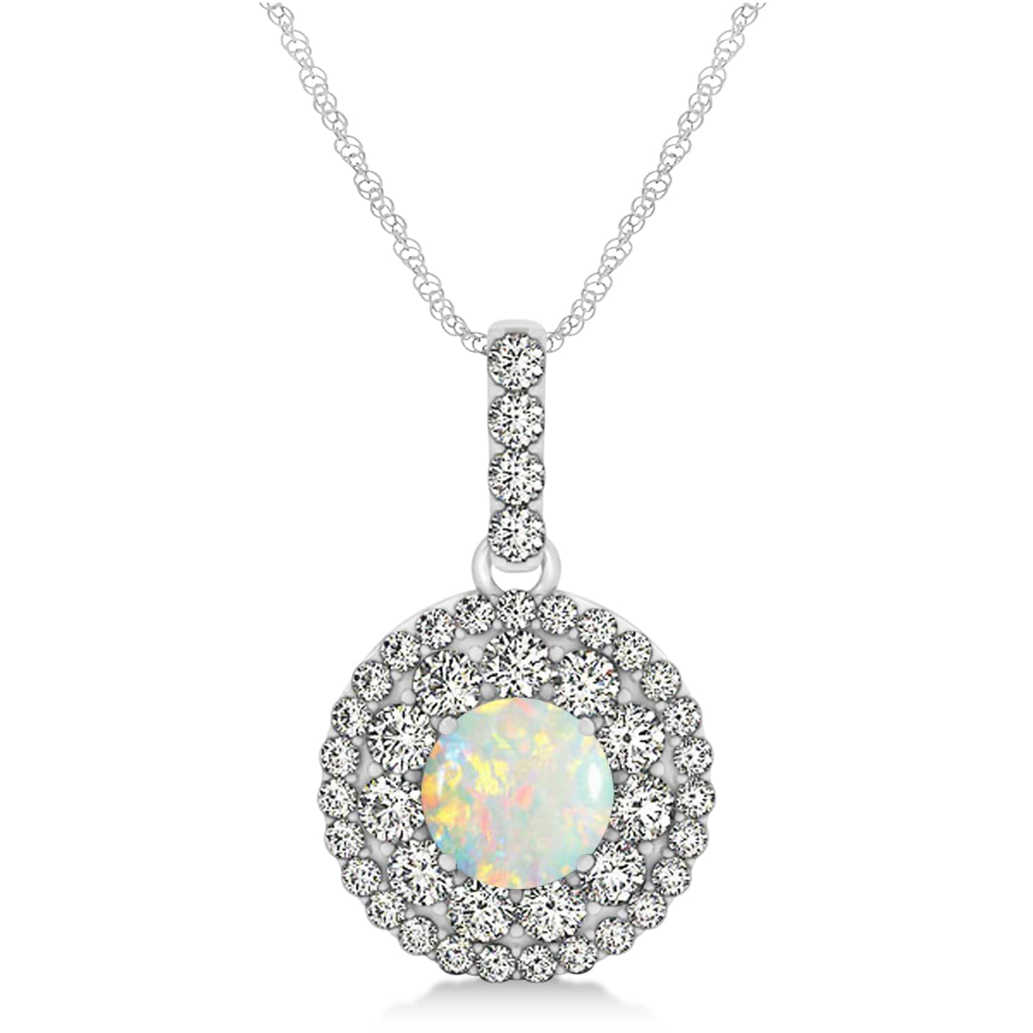 Round Double Halo Diamond & Opal Pendant 14k White Gold 1.09ct