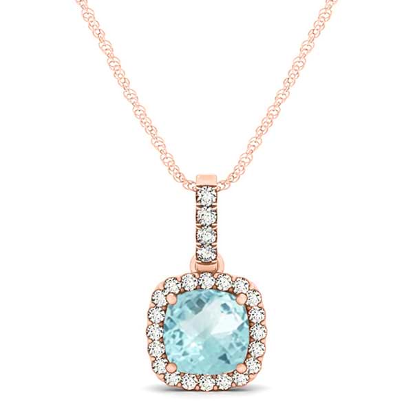 Aquamarine & Diamond Halo Cushion Pendant Necklace 14k Rose Gold (0.66ct)