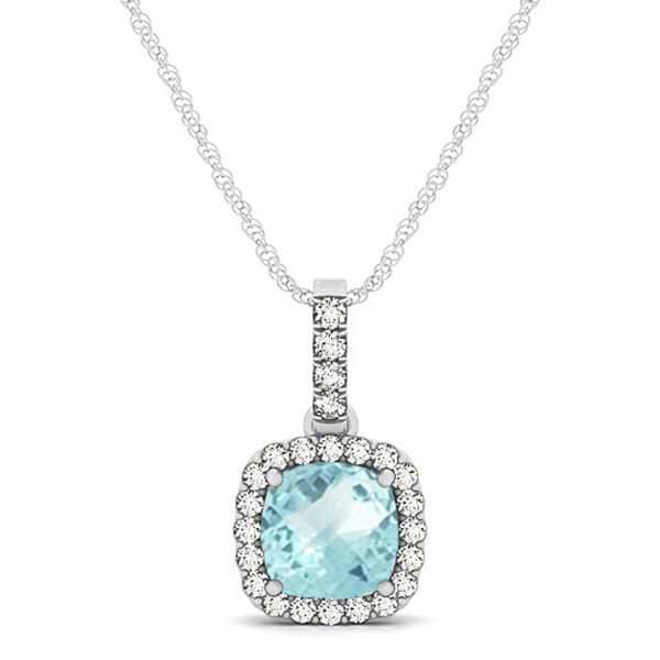 Aquamarine & Diamond Halo Cushion Pendant Necklace 14k White Gold (0.66ct)