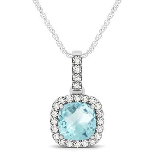 Aquamarine & Diamond Halo Cushion Pendant Necklace 14k White Gold (1.47ct)