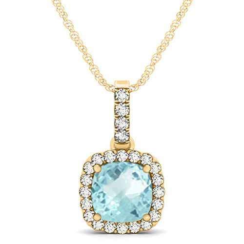Aquamarine & Diamond Halo Cushion Pendant Necklace 14k Yellow Gold (1.47ct)
