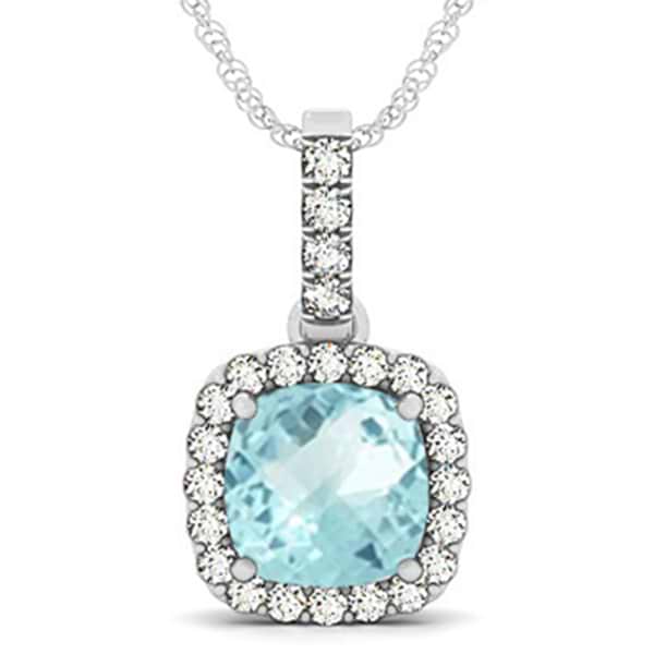 Aquamarine & Diamond Halo Cushion Pendant Necklace 14k White Gold (4.05ct)