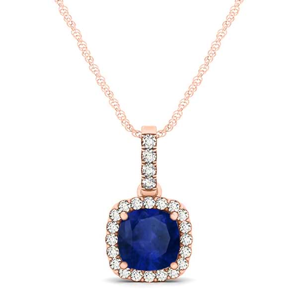 Blue Sapphire & Diamond Halo Cushion Pendant Necklace 14k Rose Gold (0.85ct)