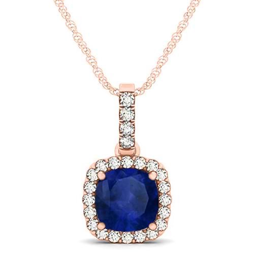Blue Sapphire & Diamond Halo Cushion Pendant Necklace 14k Rose Gold (1.94ct)