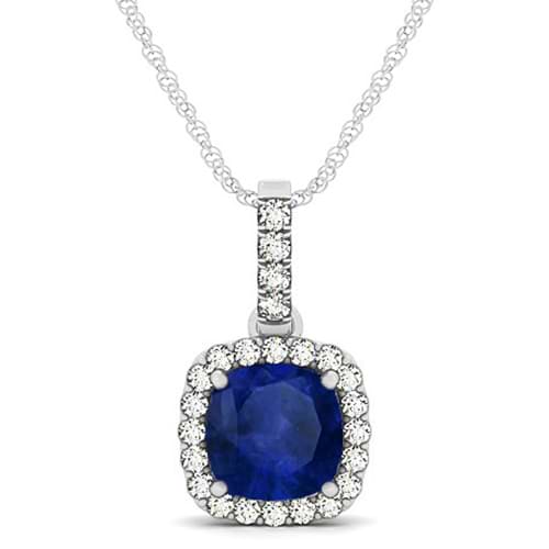 Blue Sapphire & Diamond Halo Cushion Pendant Necklace 14k White Gold (1.94ct)