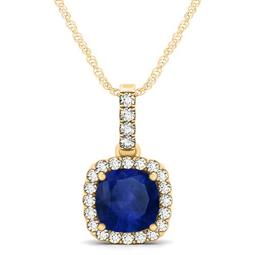 Blue Sapphire & Diamond Halo Cushion Pendant Necklace 14k Yellow Gold (1.94ct)