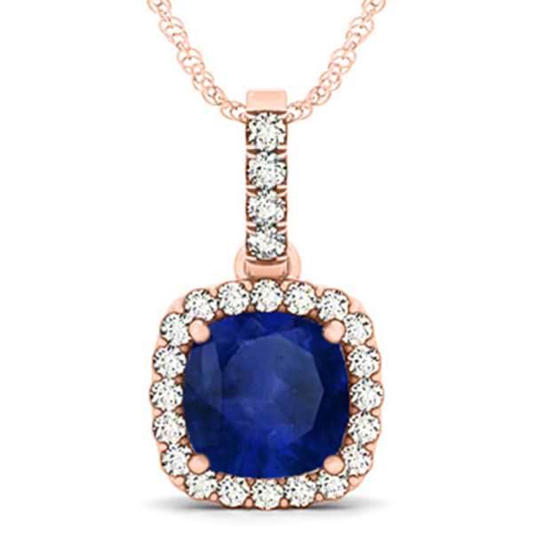 Blue Sapphire & Diamond Halo Cushion Pendant Necklace 14k Rose Gold (4.05ct)