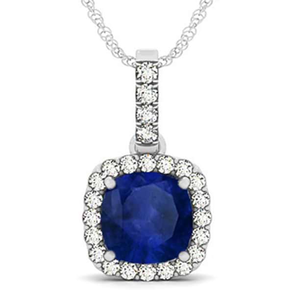 Blue Sapphire & Diamond Halo Cushion Pendant Necklace 14k White Gold (4.05ct)