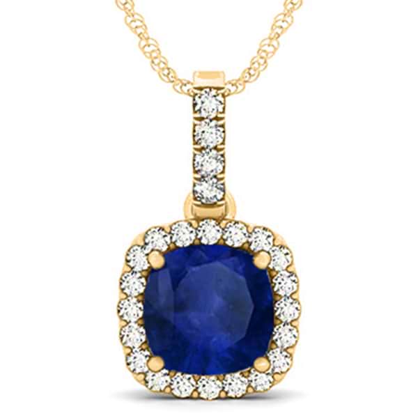 Blue Sapphire & Diamond Halo Cushion Pendant Necklace 14k Yellow Gold (4.05ct)