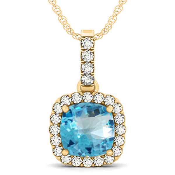 Blue Topaz & Diamond Halo Cushion Pendant Necklace 14k Yellow Gold (4.05ct)