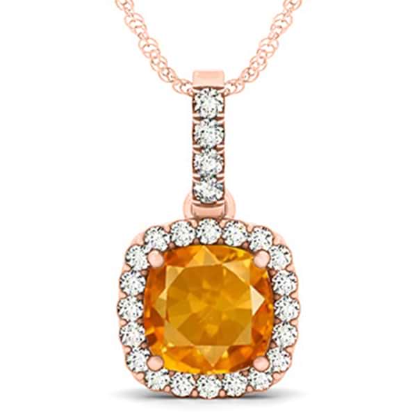 Citrine & Diamond Halo Cushion Pendant Necklace 14k Rose Gold (4.05ct)