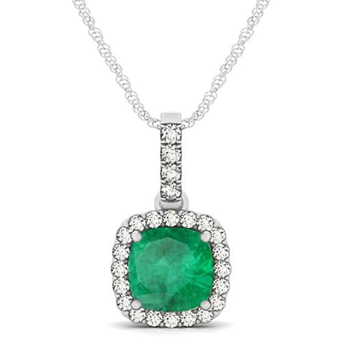 Emerald & Diamond Halo Cushion Pendant Necklace 14k White Gold (1.96ct)