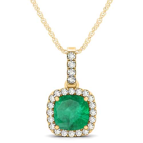 Emerald & Diamond Halo Cushion Pendant Necklace 14k Yellow Gold (1.96ct)
