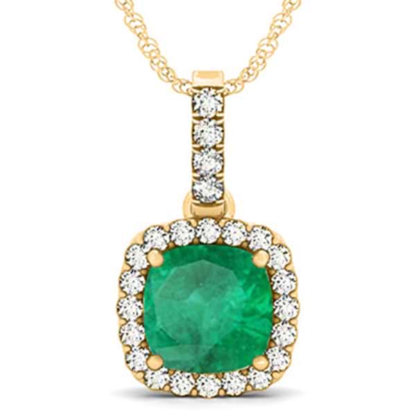 Emerald & Diamond Halo Cushion Pendant Necklace 14k Yellow Gold (4.05ct)
