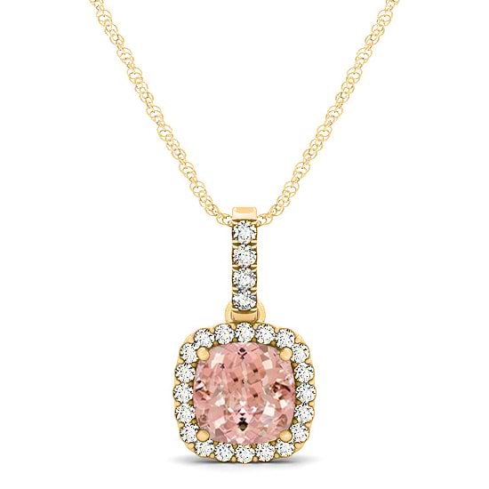 Pink Morganite & Diamond Halo Cushion Pendant Necklace 14k Yellow Gold (0.76ct)