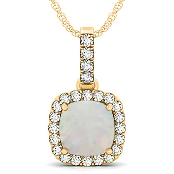 Opal & Diamond Halo Cushion Pendant Necklace 14k Yellow Gold (4.05ct)