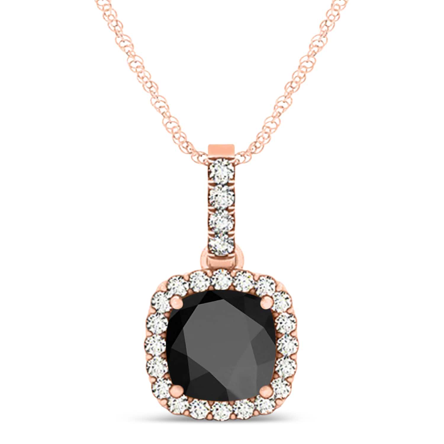 Black Onyx & Diamond Halo Cushion Pendant Necklace 14k Rose Gold (1.66ct)