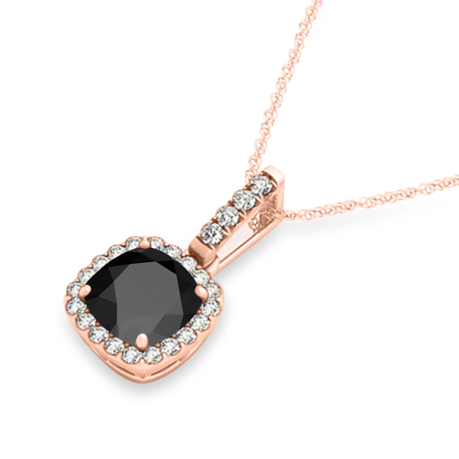 Black Onyx & Diamond Halo Cushion Pendant Necklace 14k Rose Gold (1.66ct)