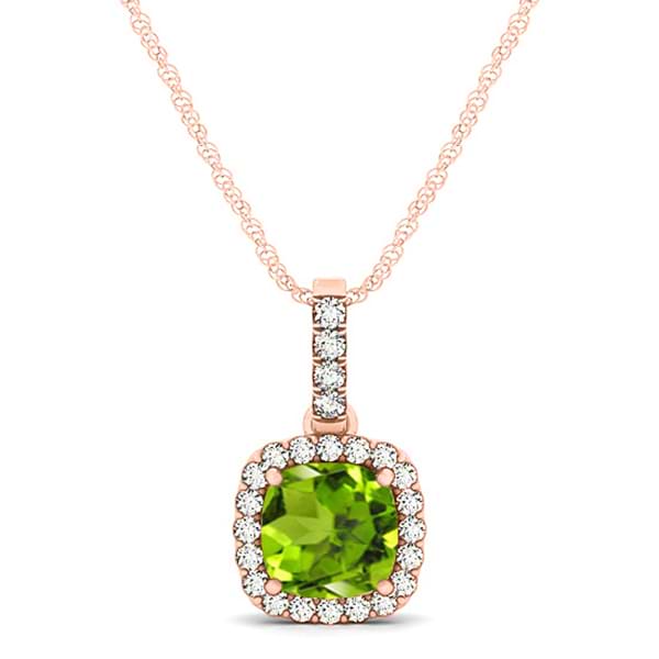 Peridot & Diamond Halo Cushion Pendant Necklace 14k Rose Gold (0.75ct)