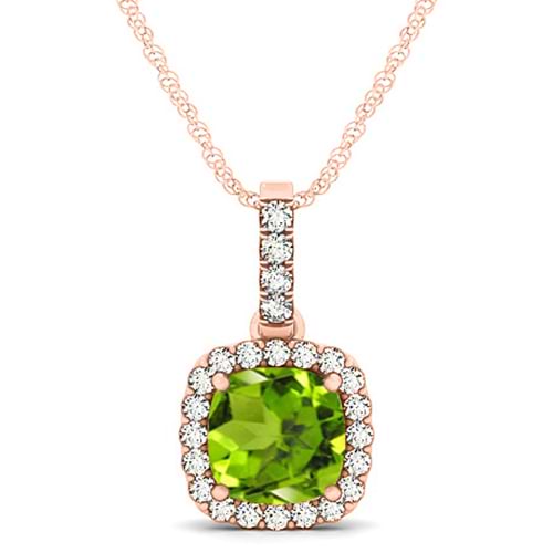 Peridot & Diamond Halo Cushion Pendant Necklace 14k Rose Gold (1.66ct)