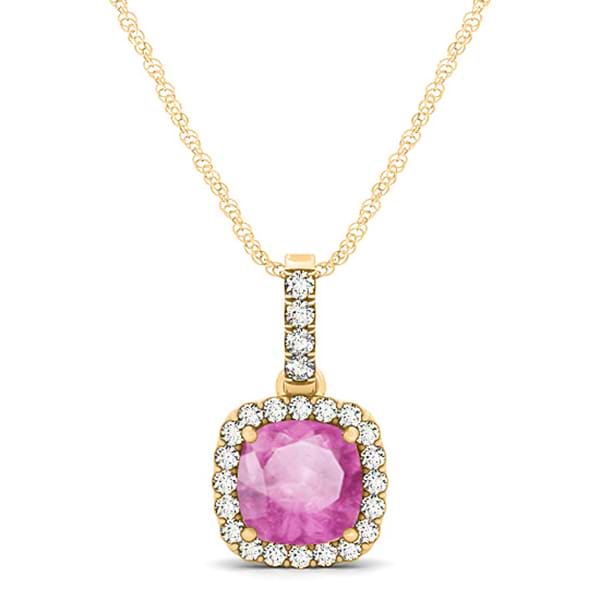 Pink Sapphire & Diamond Halo Cushion Pendant Necklace 14k Yellow Gold (0.85ct)