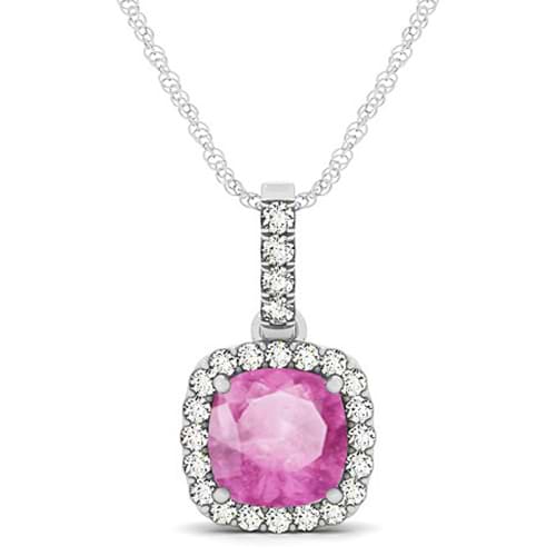 Pink Sapphire & Diamond Halo Cushion Pendant Necklace 14k White Gold (1.94ct)