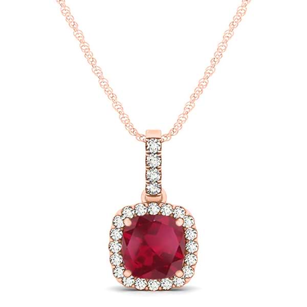 Ruby & Diamond Halo Cushion Pendant Necklace 14k Rose Gold (0.85ct)