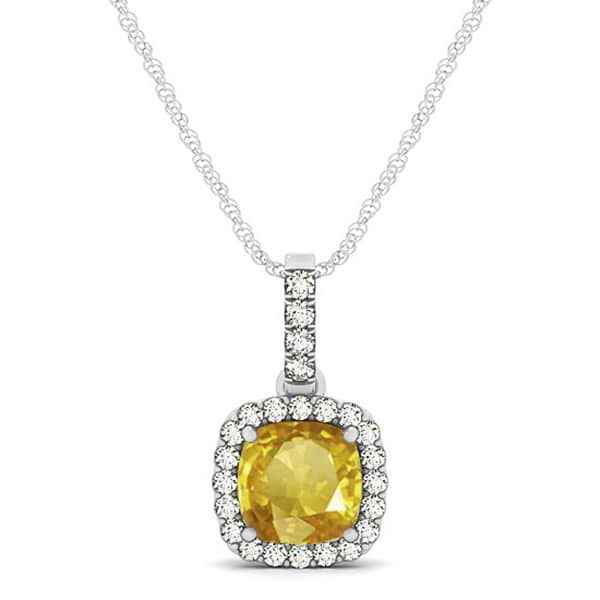 Yellow Sapphire & Diamond Halo Cushion Pendant Necklace 14k White Gold (0.85ct)