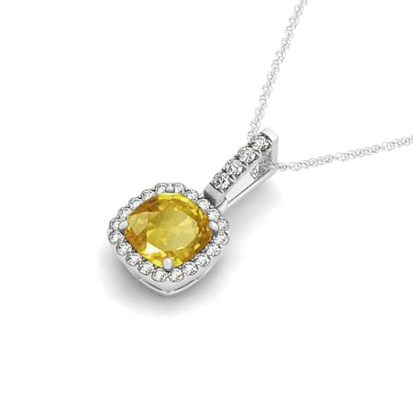 Yellow Sapphire & Diamond Halo Cushion Pendant Necklace 14k White Gold (0.85ct)