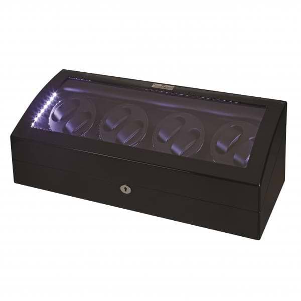 LED Black Wood Eight Watch Winder w/ Additional Storage