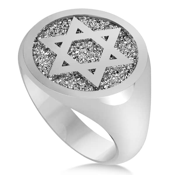 Raised Jewish Star of David Signet Ring for Men 14k White Gold