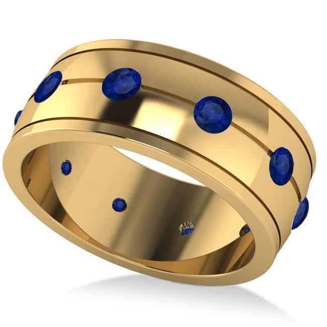 Men's Blue Sapphire Ring Eternity Wedding Band 14k Yellow Gold (1.00ct)