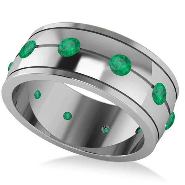 Men's Emerald Ring Eternity Wedding Band 14k White Gold (1.00ct)