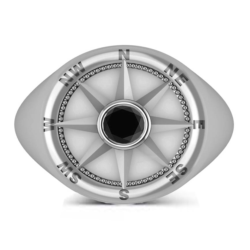 Men's Black Diamond Nautical Compass Ring 14k White Gold (0.25ct)
