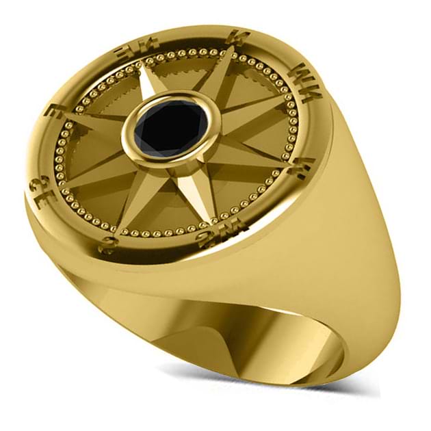 Men's Black Diamond Nautical Compass Ring 14k Yellow Gold (0.25ct)