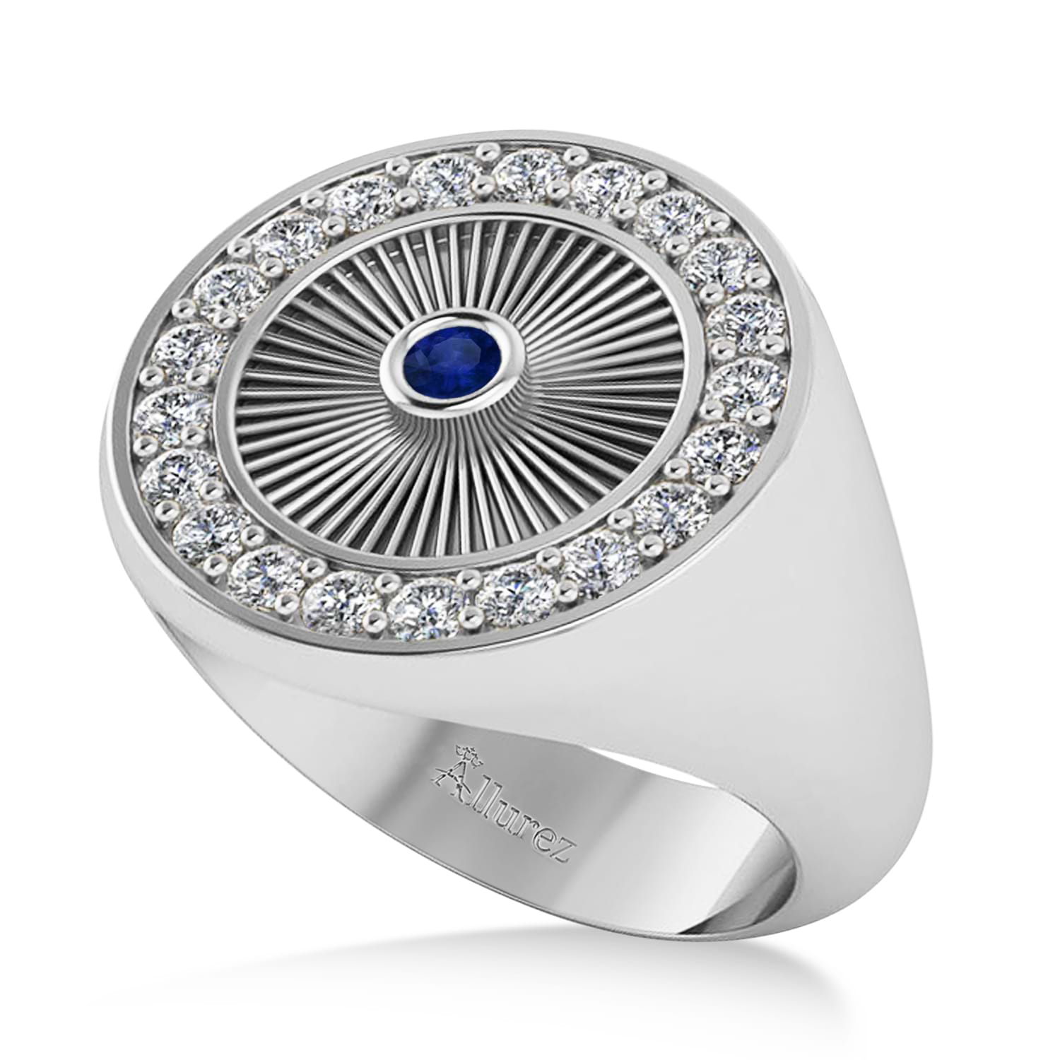 Men's Halo Diamond & Blue Sapphire Fashion Signet Ring 14k White Gold (0.68ct)