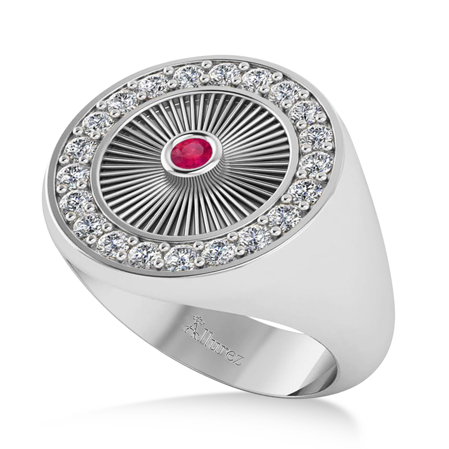 Men's Halo Diamond & Ruby Fashion Signet Ring 14k White Gold (0.68ct)