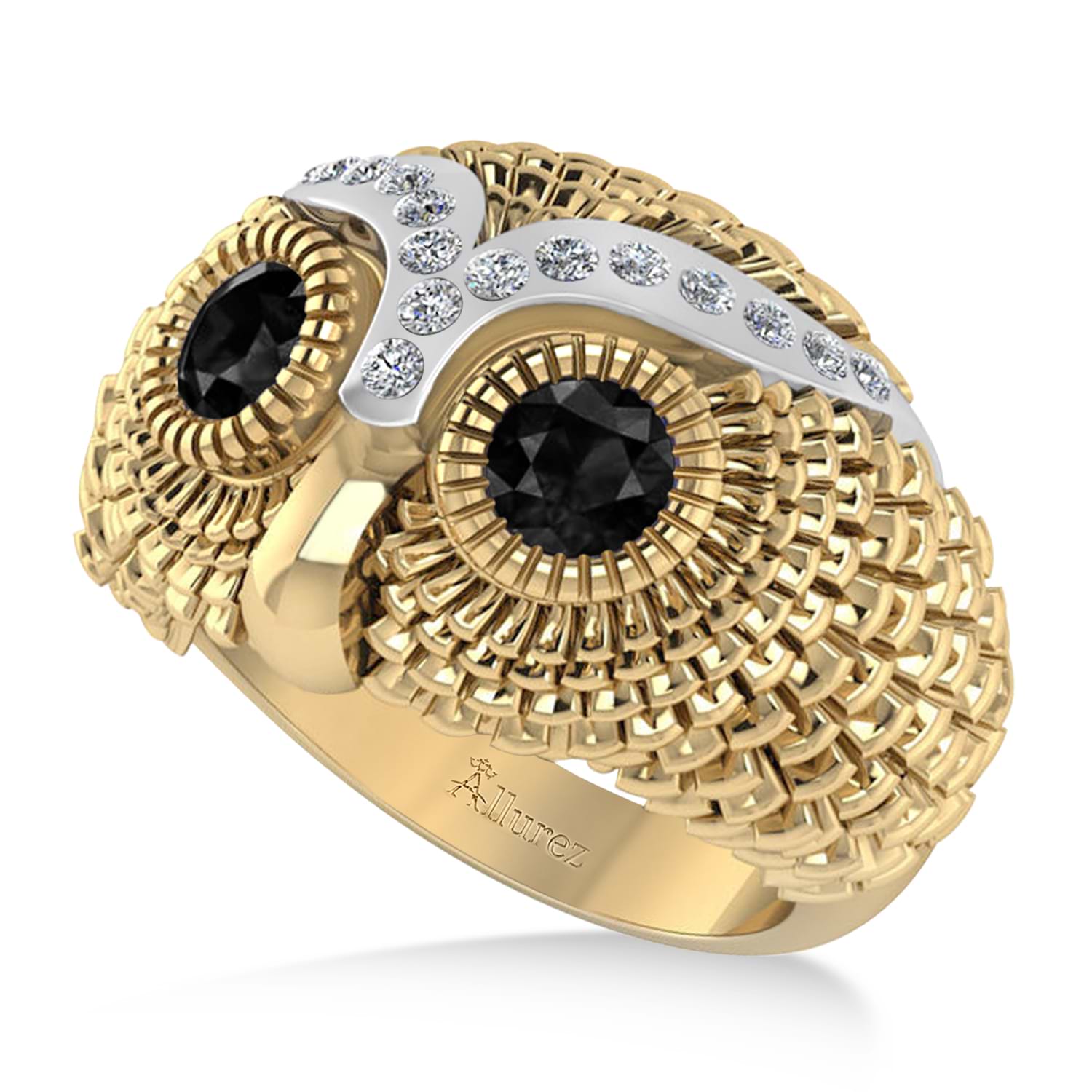 Men's Owl Diamond & Black Diamond Fashion Ring 14k Yellow Gold (0.74ct)