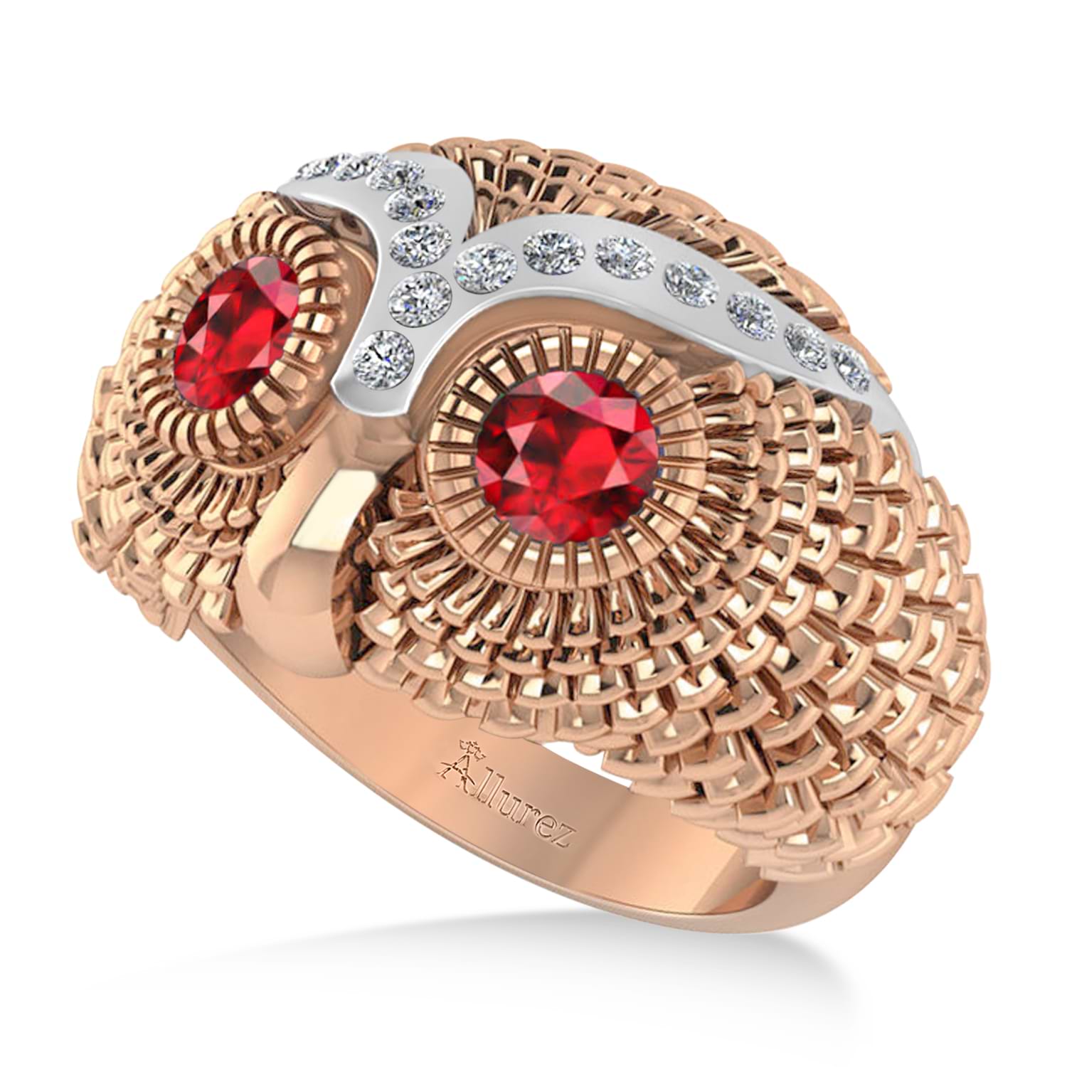 Men's Owl Diamond & Ruby Accented Fashion Ring 14k Rose Gold (0.74ct)