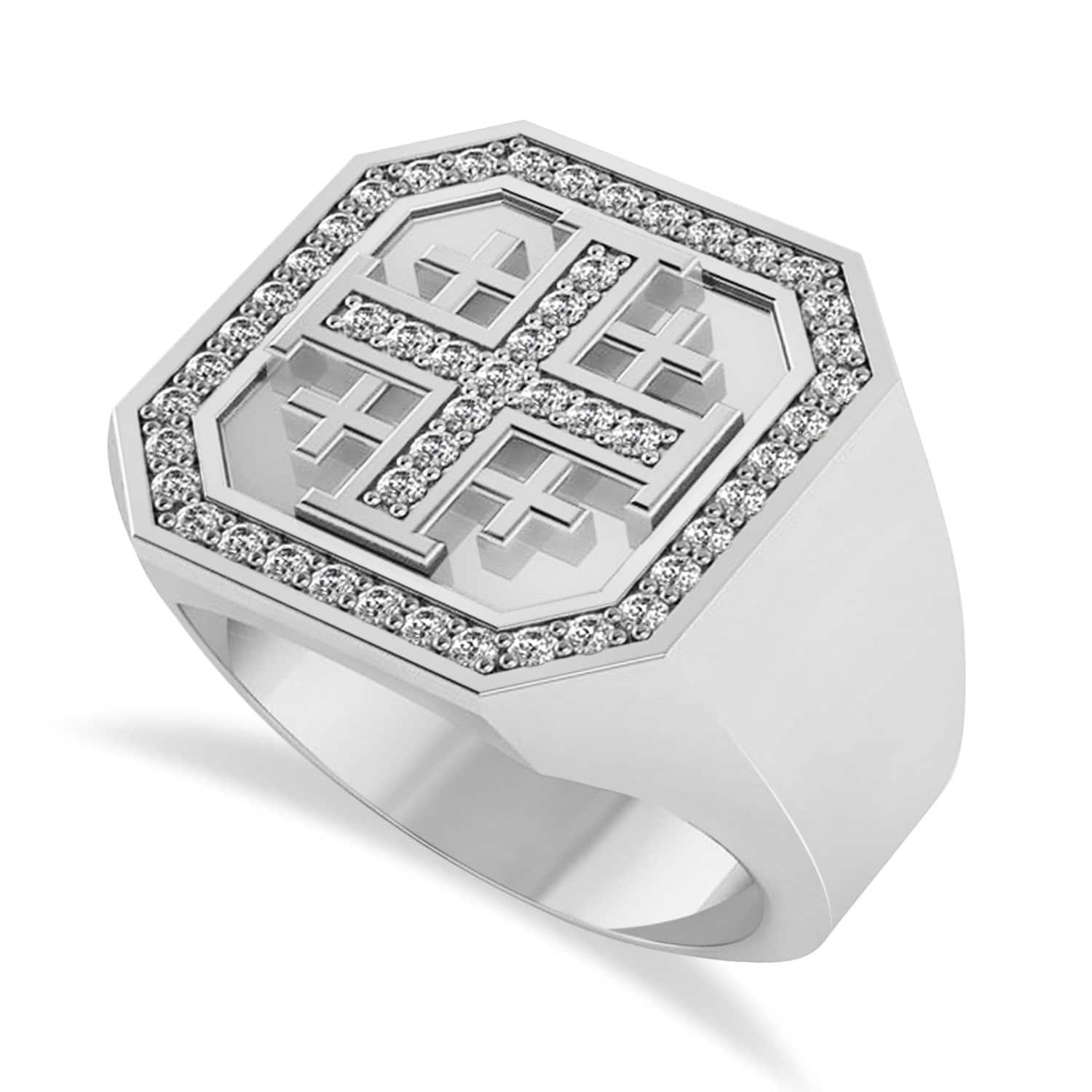 Men's Diamond Accent Jerusalem Cross Signet Ring 14k White Gold (0.49 ctw)