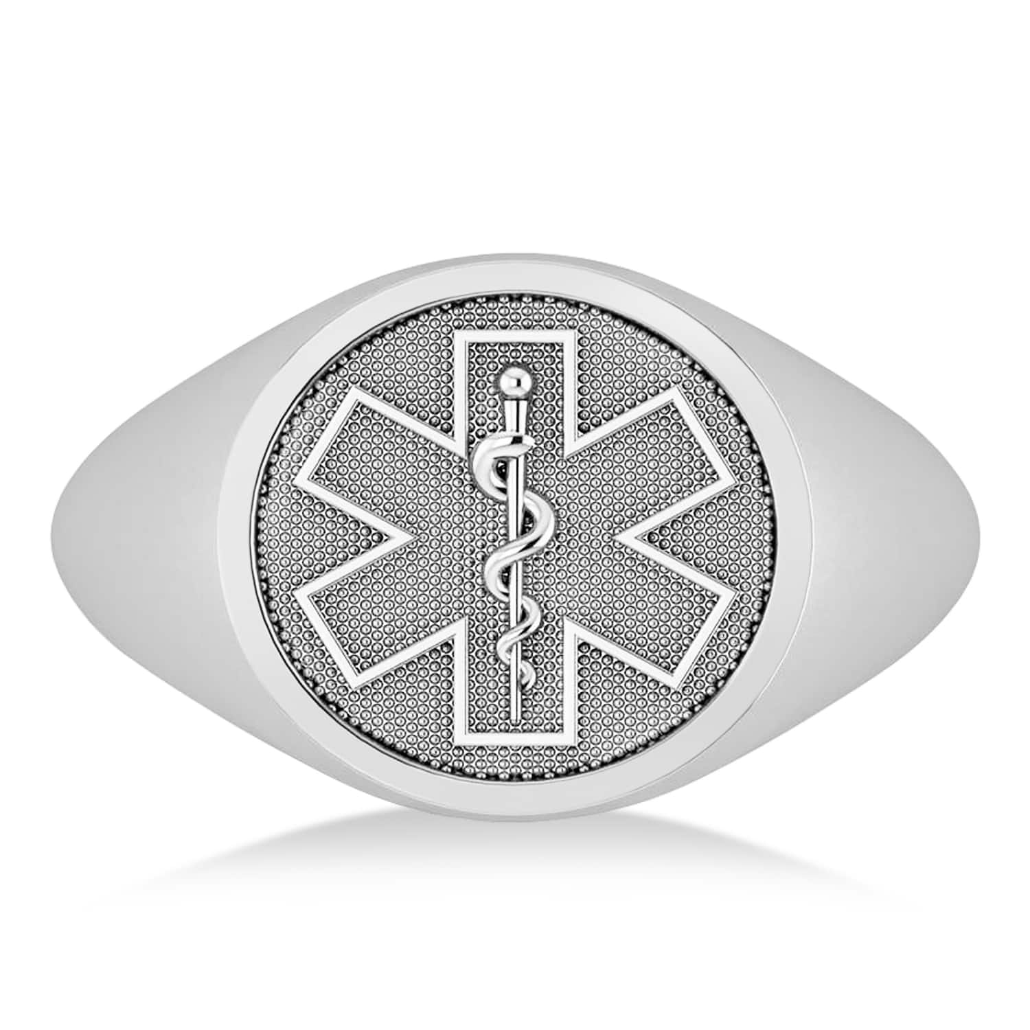 Emergency Medical Technician EMT Symbol Signet Ring 14k White Gold