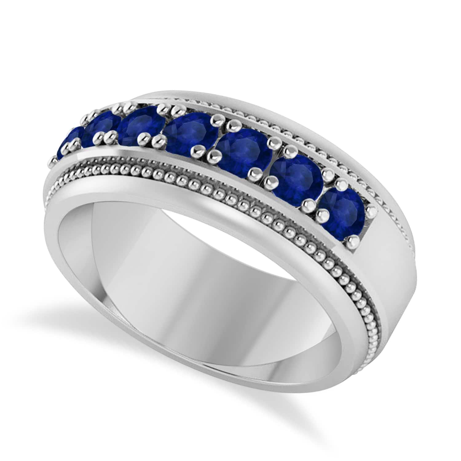 Men's Seven-Stone Blue Sapphire Milgrain Ring 14k White Gold (1.05 ctw)
