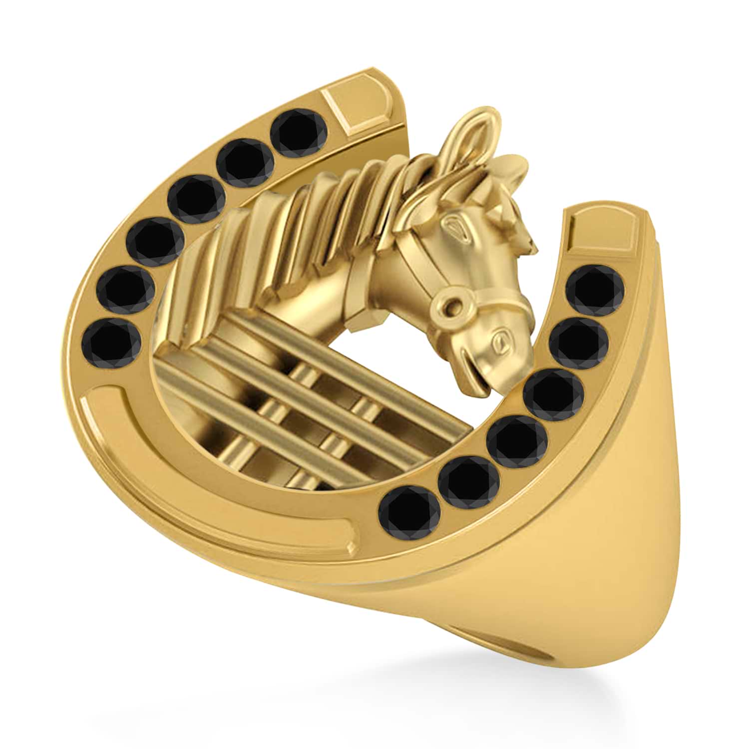 Men's Black Diamond Stallion & Horseshoe Fashion Ring 14k Yellow Gold (0.36 ctw)