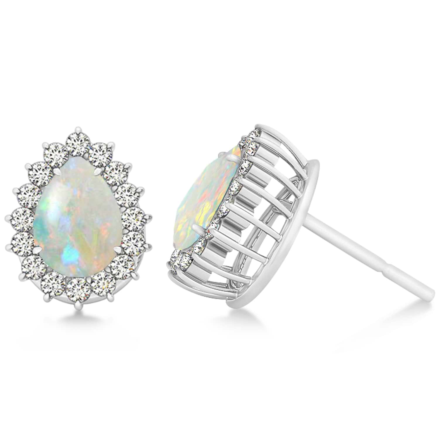 Pear Cut Diamond & Opal Halo Earrings 14k White Gold (0.69ct)