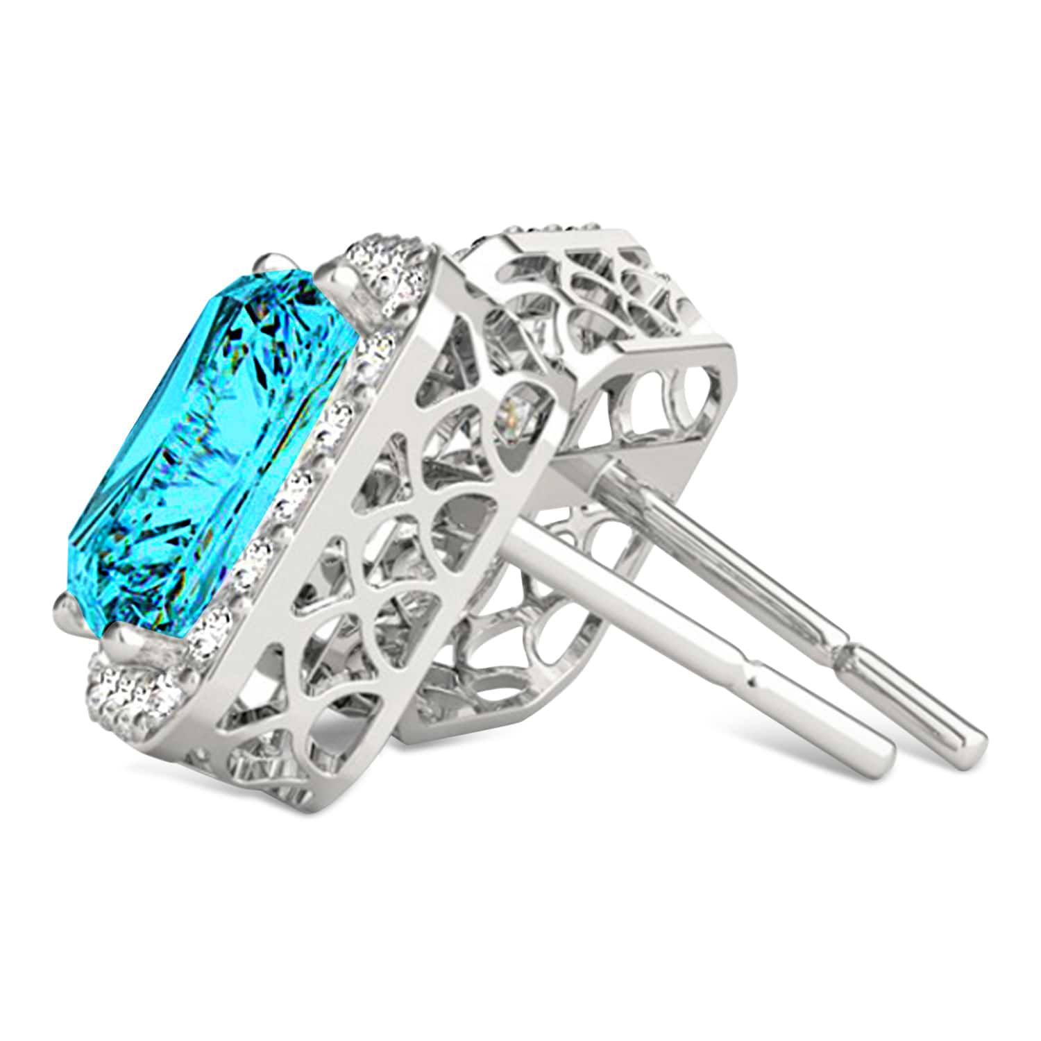 Emerald Cut Blue & White Diamond Halo Earrings 14k White Gold (2.42ct)