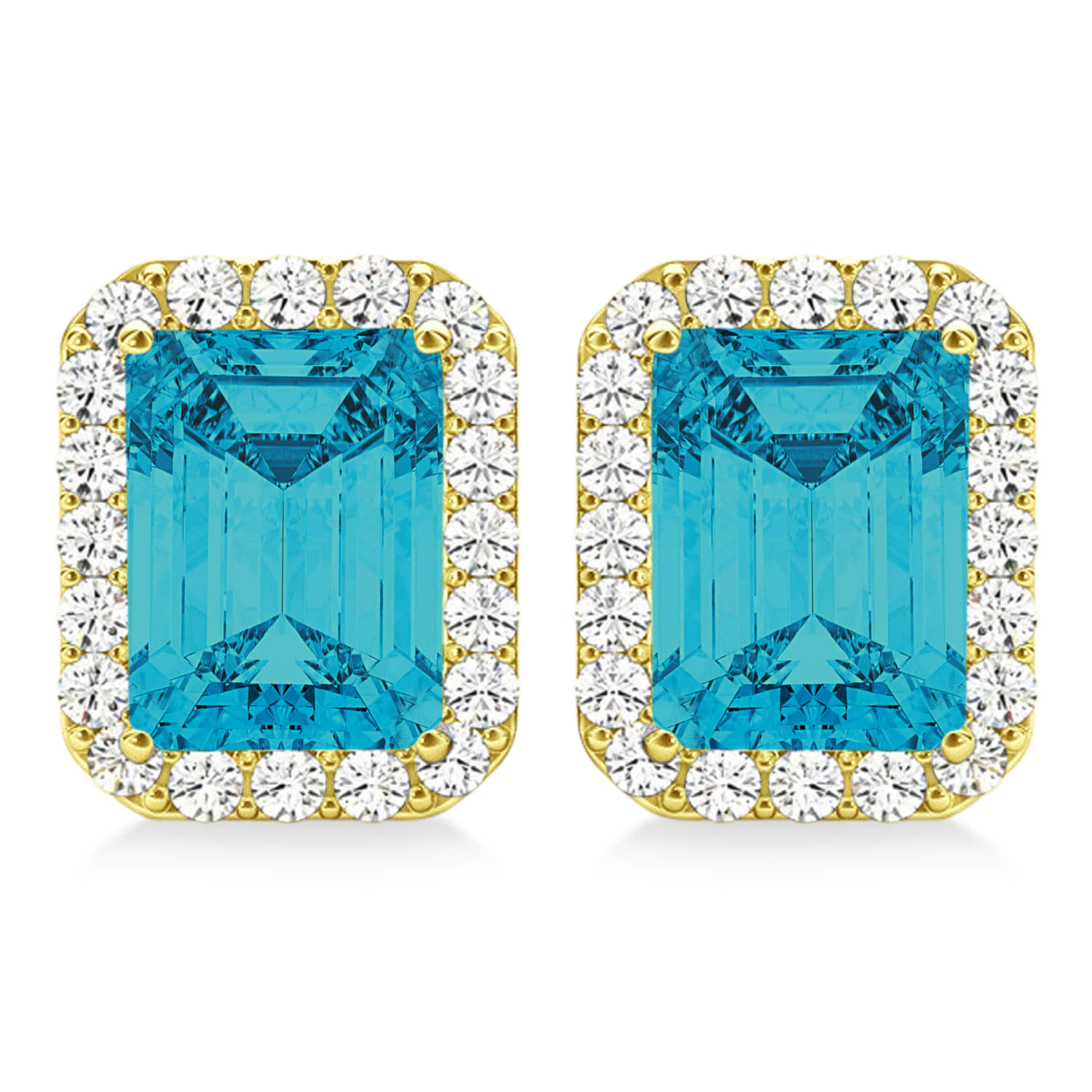 Emerald Cut Blue & White Diamond Halo Earrings 14k Yellow Gold (2.42ct)